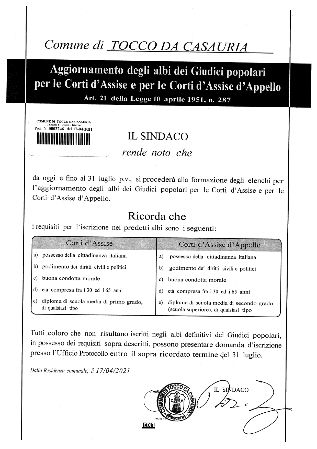 AGGIORNAMENTO DEGLI ALBI DEI GIUDICI POPOLARI PER LE CORTI D'ASSISE E PER LE CORTI D'ASSISE D'APPELLO (scadenza 31 luglio)